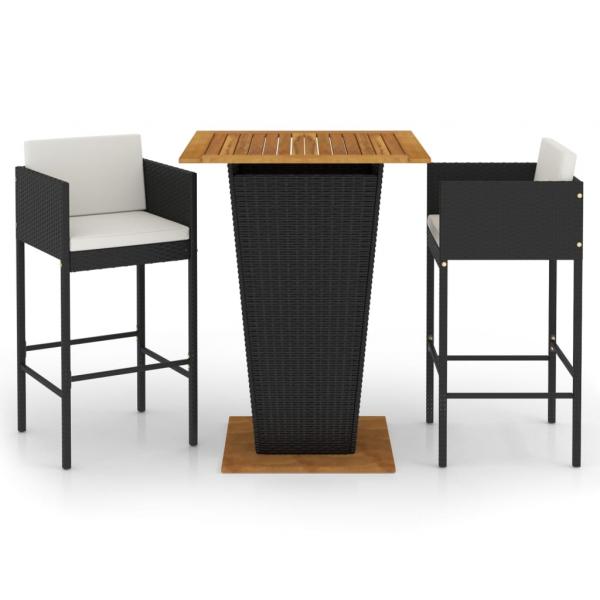 3-tlg. Gartenbar-Set mit Kissen Poly Rattan Schwarz