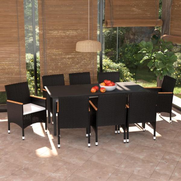 ARDEBO.de - 9-tlg. Garten-Essgruppe mit Kissen Poly Rattan Schwarz