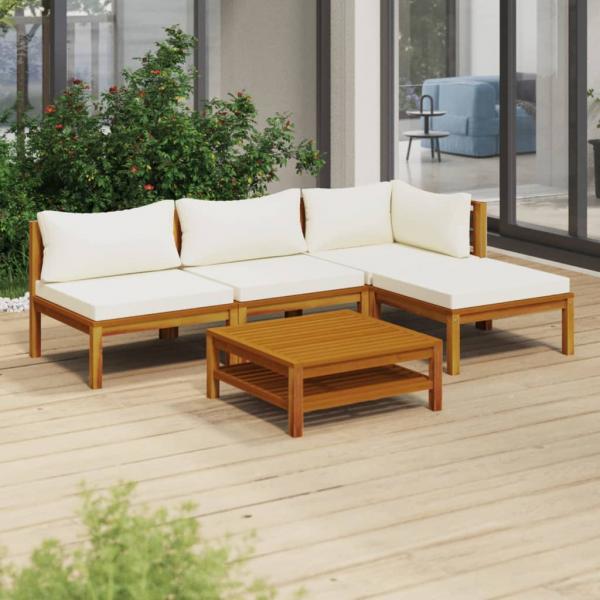 ARDEBO.de - 5-tlg. Garten-Lounge-Set mit Creme Kissen Massivholz Akazie