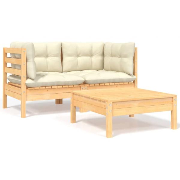 ARDEBO.de - 3-tlg. Garten-Lounge-Set mit Kissen in Creme Massivholz Kiefer