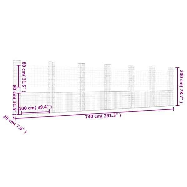 Gabionenkorb U-Form mit 7 Säulen Eisen 740x20x200 cm