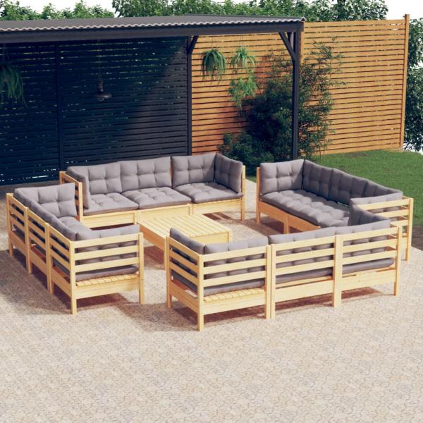 ARDEBO.de - 13-tlg. Garten-Lounge-Set mit Grauen Kissen Kiefernholz