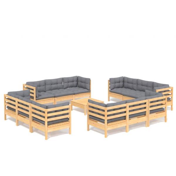 13-tlg. Garten-Lounge-Set mit Grauen Kissen Kiefernholz