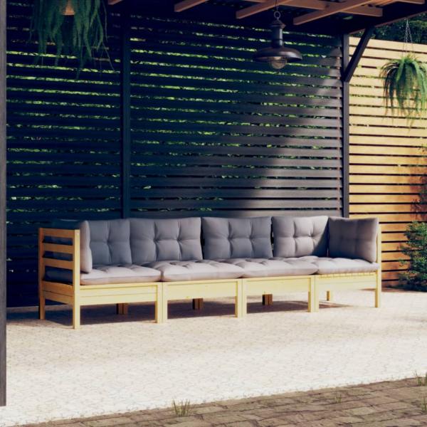 ARDEBO.de - 4-tlg. Garten-Lounge-Set mit Grauen Kissen Kiefer Massivholz
