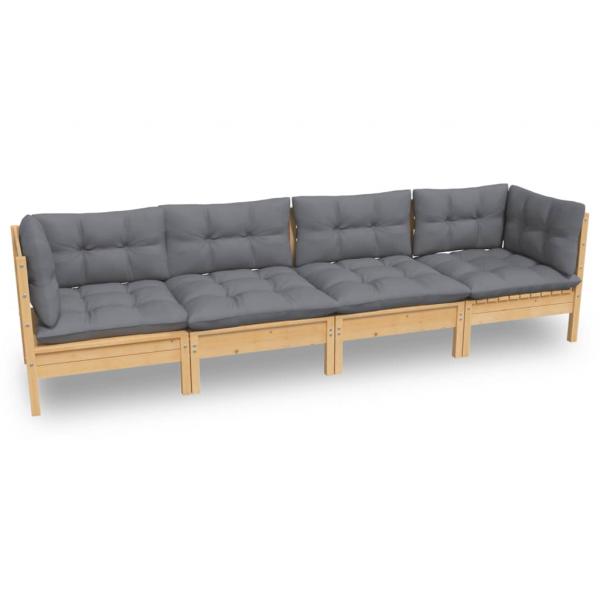 4-tlg. Garten-Lounge-Set mit Grauen Kissen Kiefer Massivholz