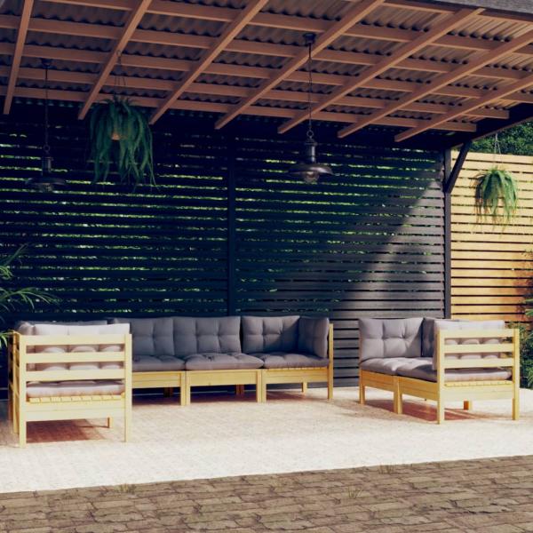 ARDEBO.de - 7-tlg. Garten-Lounge-Set mit Grauen Kissen Kiefer Massivholz
