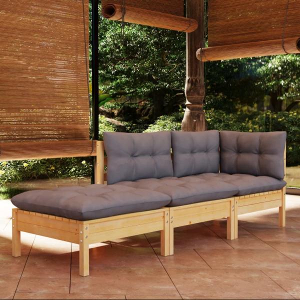 ARDEBO.de - 3-tlg. Garten-Lounge-Set mit Grauen Kissen Kiefer Massivholz