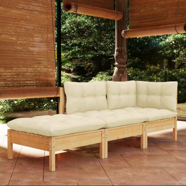 ARDEBO.de - 3-tlg. Garten-Lounge-Set mit Creme Kissen Massivholz Kiefer