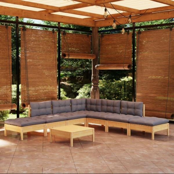 ARDEBO.de - 8-tlg. Garten-Lounge-Set mit Grauen Kissen Kiefernholz