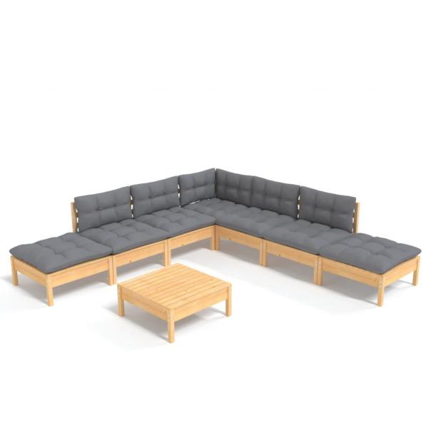 8-tlg. Garten-Lounge-Set mit Grauen Kissen Kiefernholz
