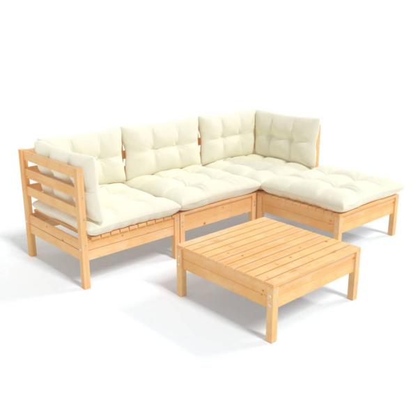 5-tlg. Garten-Lounge-Set mit Creme Kissen Kiefernholz