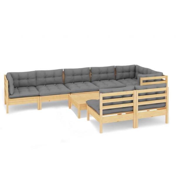 9-tlg. Garten-Lounge-Set mit Grauen Kissen Kiefer Massivholz