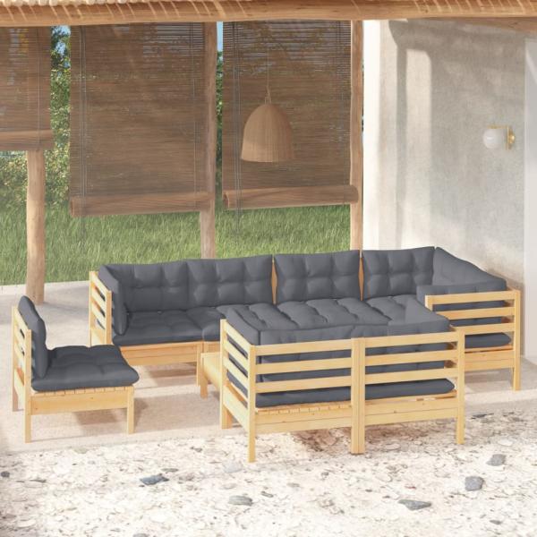 ARDEBO.de - 9-tlg. Garten-Lounge-Set mit Grauen Kissen Kiefer Massivholz