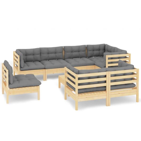 9-tlg. Garten-Lounge-Set mit Grauen Kissen Kiefer Massivholz