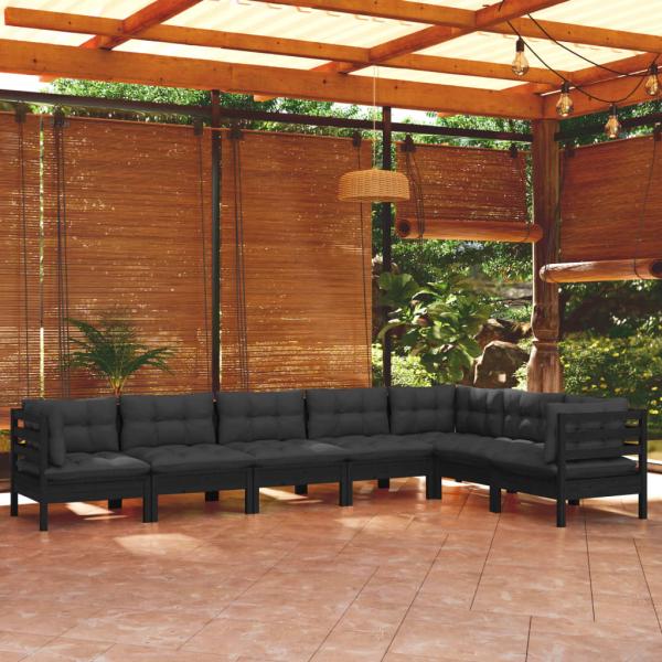 ARDEBO.de - 7-tlg. Garten-Lounge-Set mit Kissen Schwarz Kiefer Massivholz