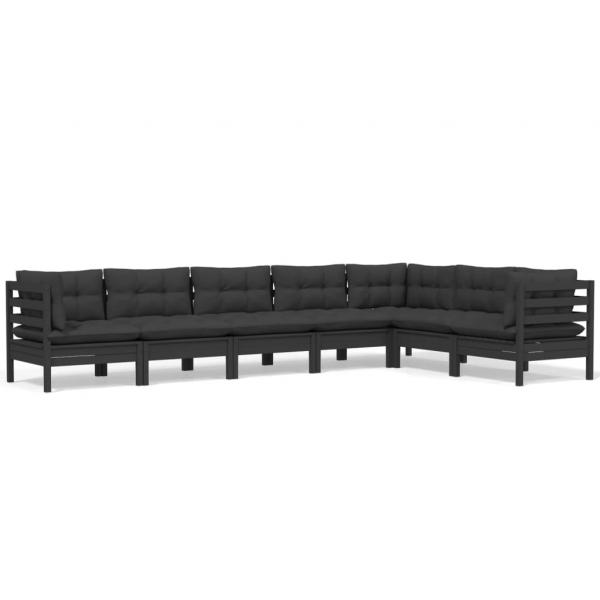 7-tlg. Garten-Lounge-Set mit Kissen Schwarz Kiefer Massivholz