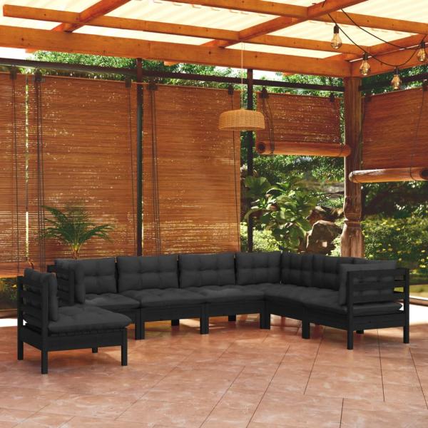 ARDEBO.de - 7-tlg. Garten-Lounge-Set mit Kissen Schwarz Kiefer Massivholz