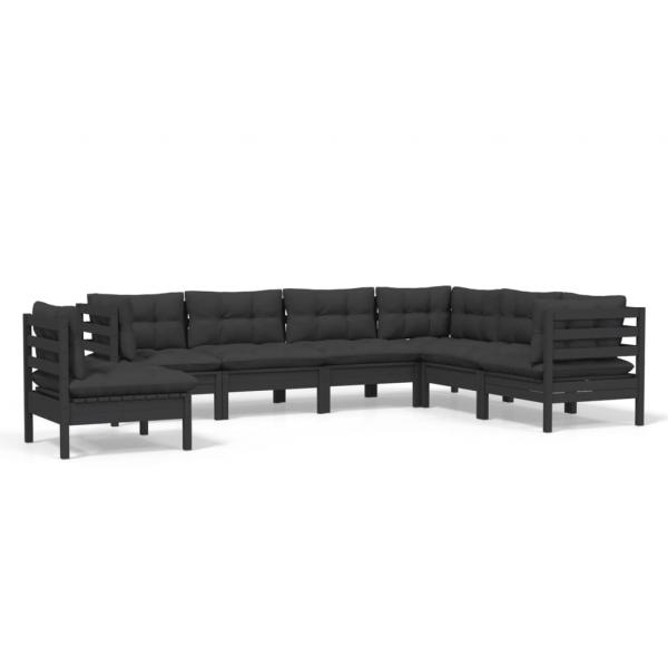 7-tlg. Garten-Lounge-Set mit Kissen Schwarz Kiefer Massivholz