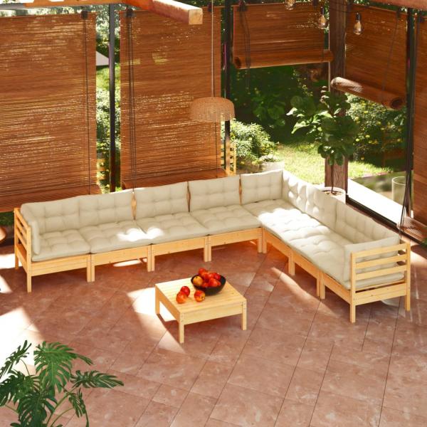 ARDEBO.de - 9-tlg. Garten-Lounge-Set mit Creme Kissen Massivholz Kiefer