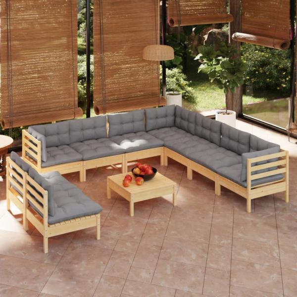 ARDEBO.de - 10-tlg. Garten-Lounge-Set mit Grauen Kissen Massivholz Kiefer