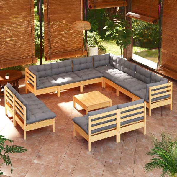 ARDEBO.de - 12-tlg. Garten-Lounge-Set mit Grauen Kissen Massivholz Kiefer