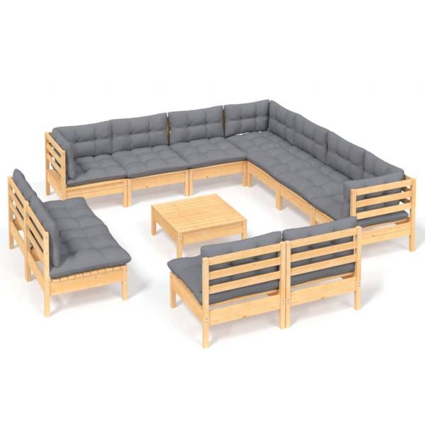 12-tlg. Garten-Lounge-Set mit Grauen Kissen Massivholz Kiefer