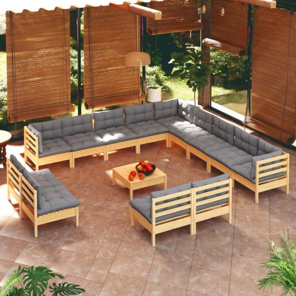 ARDEBO.de - 14-tlg. Garten-Lounge-Set mit Grauen Kissen Massivholz Kiefer