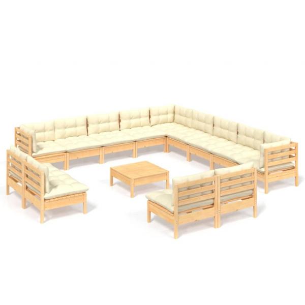 ARDEBO.de - 14-tlg. Garten-Lounge-Set mit Creme Kissen Massivholz Kiefer