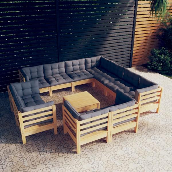 ARDEBO.de - 12-tlg. Garten-Lounge-Set mit Grauen Kissen Massivholz Kiefer