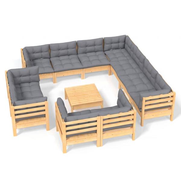 12-tlg. Garten-Lounge-Set mit Grauen Kissen Massivholz Kiefer