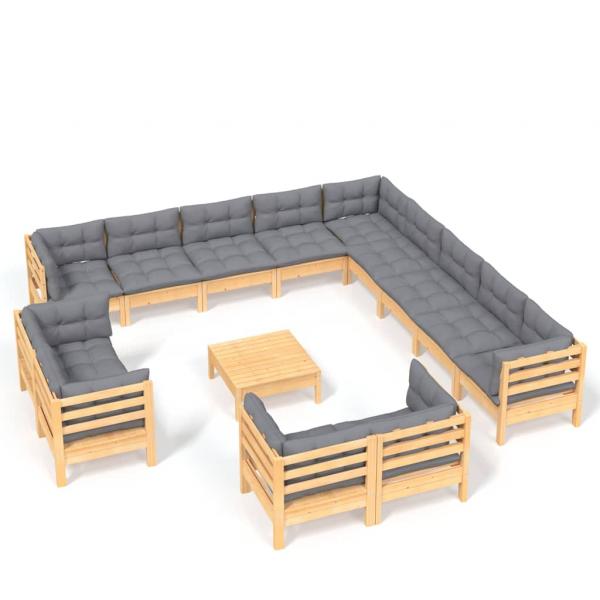 14-tlg. Garten-Lounge-Set mit Grauen Kissen Massivholz Kiefer