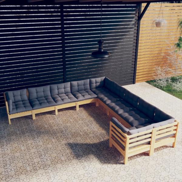 ARDEBO.de - 10-tlg. Garten-Lounge-Set mit Grauen Kissen Kiefernholz