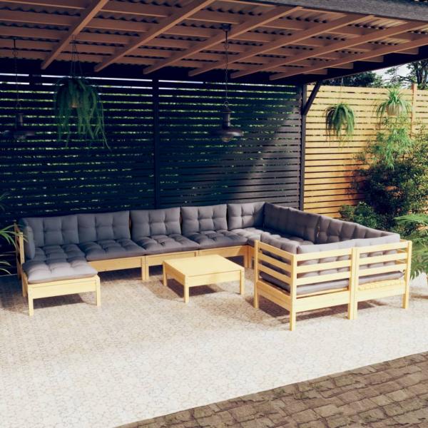 ARDEBO.de - 11-tlg. Garten-Lounge-Set mit Grauen Kissen Kiefernholz
