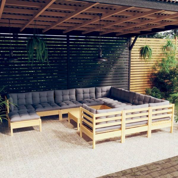 ARDEBO.de - 12-tlg. Garten-Lounge-Set mit Grauen Kissen Kiefernholz