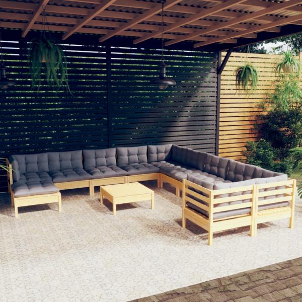 ARDEBO.de - 12-tlg. Garten-Lounge-Set mit Grauen Kissen Kiefernholz