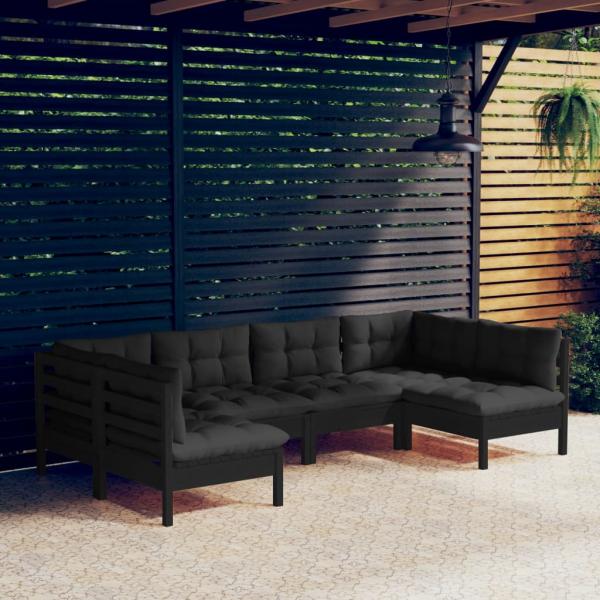 ARDEBO.de - 6-tlg. Garten-Lounge-Set mit Kissen Schwarz Kiefer Massivholz