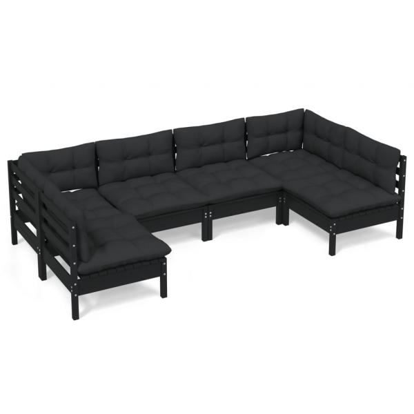 6-tlg. Garten-Lounge-Set mit Kissen Schwarz Kiefer Massivholz