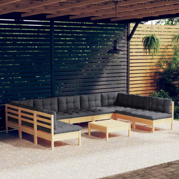ARDEBO.de - 10-tlg. Garten-Lounge-Set mit Grauen Kissen Kiefer Massivholz