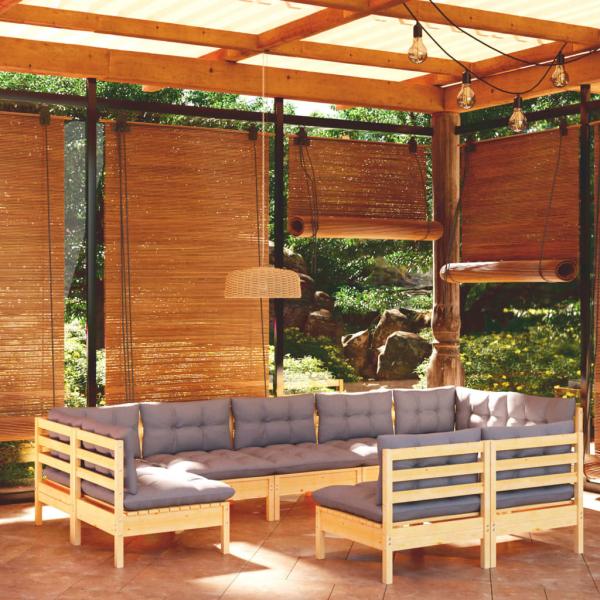 ARDEBO.de - 9-tlg. Garten-Lounge-Set mit Grauen Kissen Kiefer Massivholz