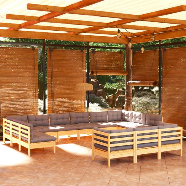 ARDEBO.de - 13-tlg. Garten-Lounge-Set mit Grauen Kissen Kiefernholz