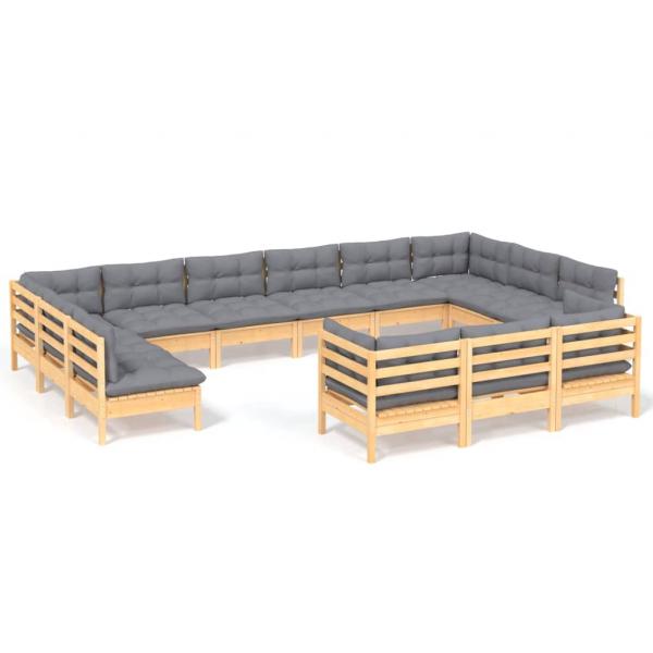 13-tlg. Garten-Lounge-Set mit Grauen Kissen Kiefernholz