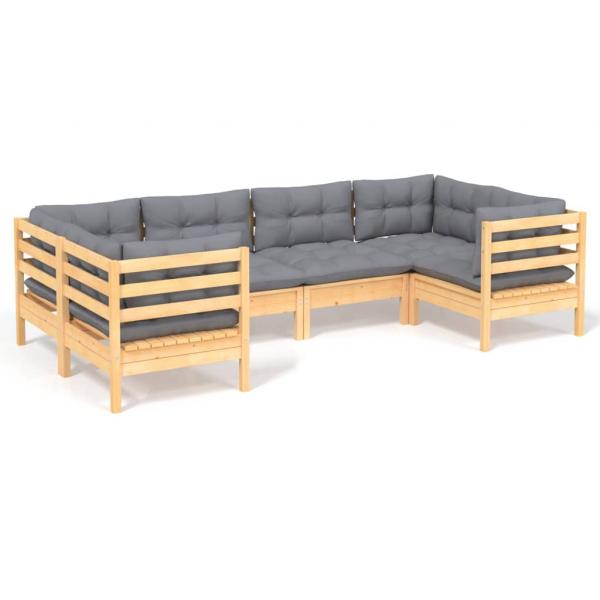 6-tlg. Garten-Lounge-Set mit Grauen Kissen Kiefernholz