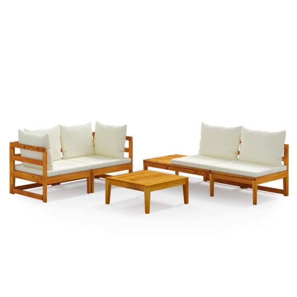4-tlg. Garten-Lounge-Set mit Cremeweißen Kissen Akazienholz