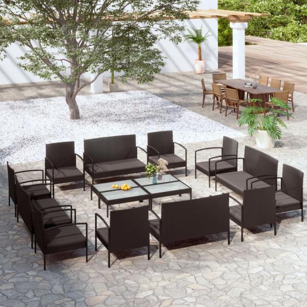 ARDEBO.de - 16-tlg. Garten-Lounge-Set mit Auflagen Poly Rattan Schwarz