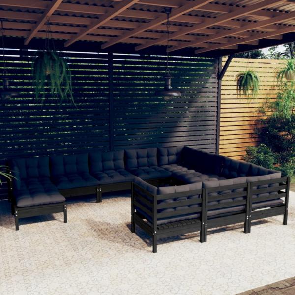 ARDEBO.de - 11-tlg. Garten-Lounge-Set mit Kissen Schwarz Kiefernholz