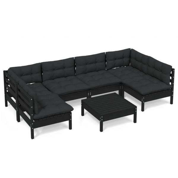 7-tlg. Garten-Lounge-Set mit Kissen Schwarz Kiefer Massivholz