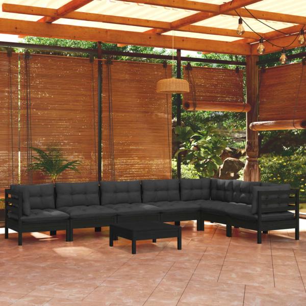 ARDEBO.de - 8-tlg. Garten-Lounge-Set mit Kissen Schwarz Massivholz Kiefer