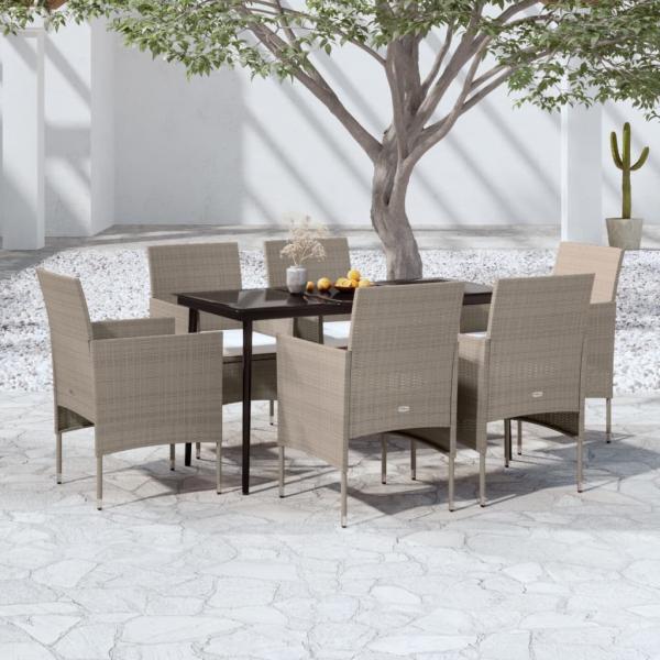 ARDEBO.de - 7-tlg. Garten-Essgruppe mit Kissen Beige und Schwarz