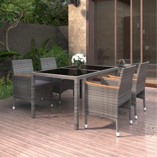 ARDEBO.de - 5-tlg. Garten-Essgruppe Poly Rattan und Hartglas Grau