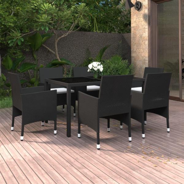 ARDEBO.de - 7-tlg. Garten-Essgruppe Poly Rattan und Hartglas Schwarz